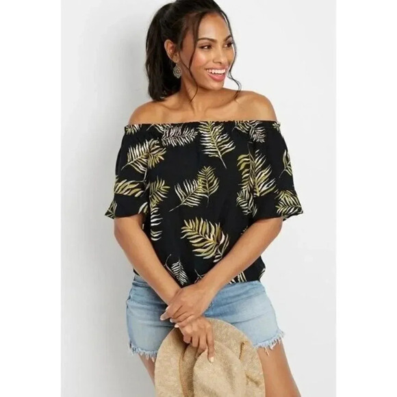 Maurices Black Off the Shoulder Tropical Palm Top 0X - Picture 1 of 4
